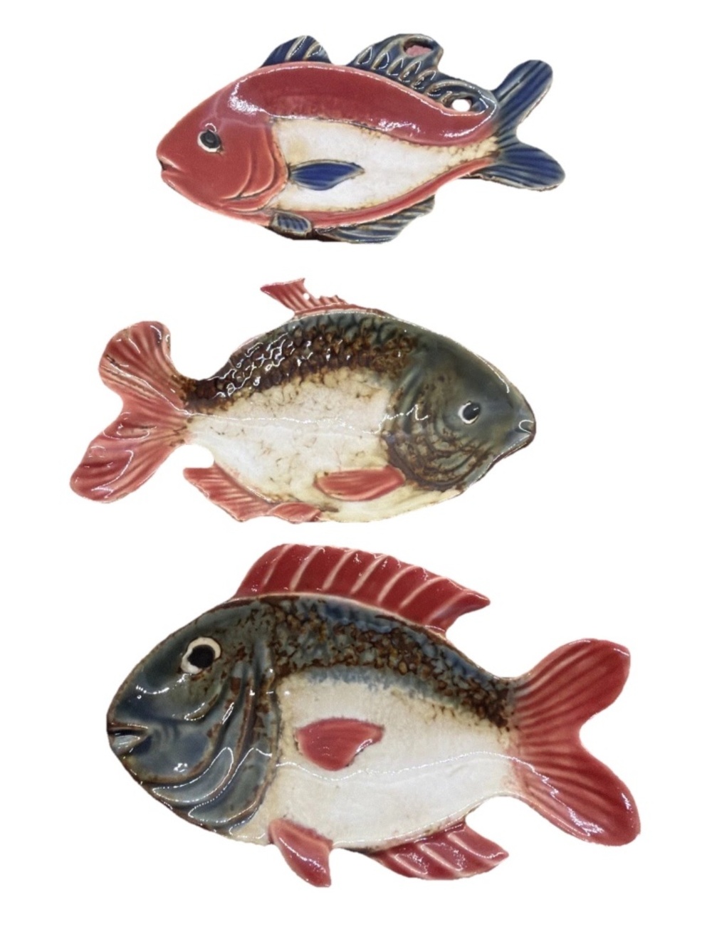 Pier 1 Imports Fish Ceramic Decorative 3 Dipping Dishes Red Fin Spoon Rest